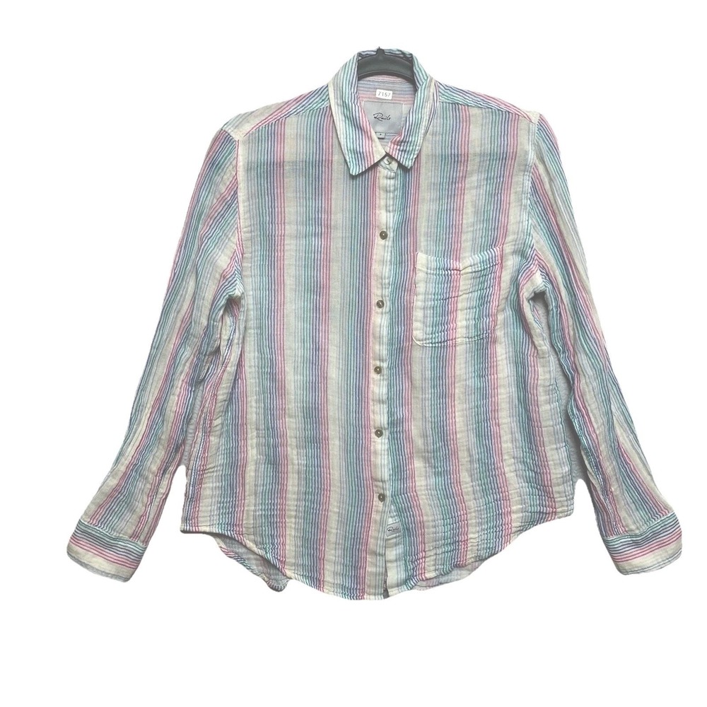 Rails Shirt Womens Small White Long Sleeve Madras Stripe Cotton Button Up